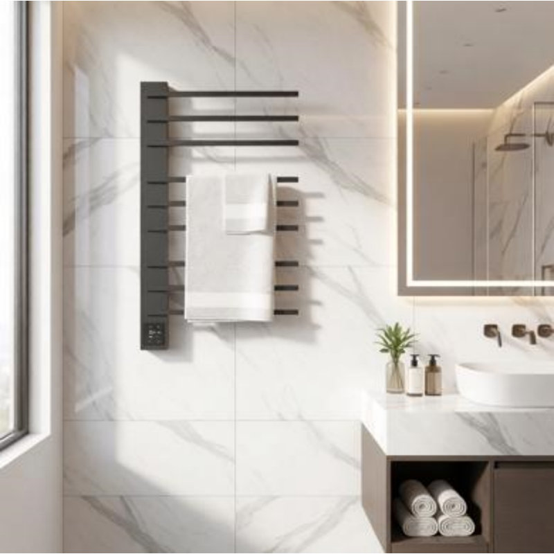 Chauffe-serviettes électrique pour salle de bain, porte-serviettes chauffant avec minuterie, style noir classique