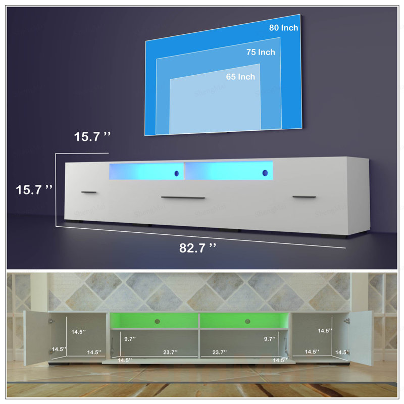 Meuble télé moderne à DEL pour téléviseur de 55 à 80 pouces avec prise de courant et surface en grain de bois, idéal pour les maisons et les appartements