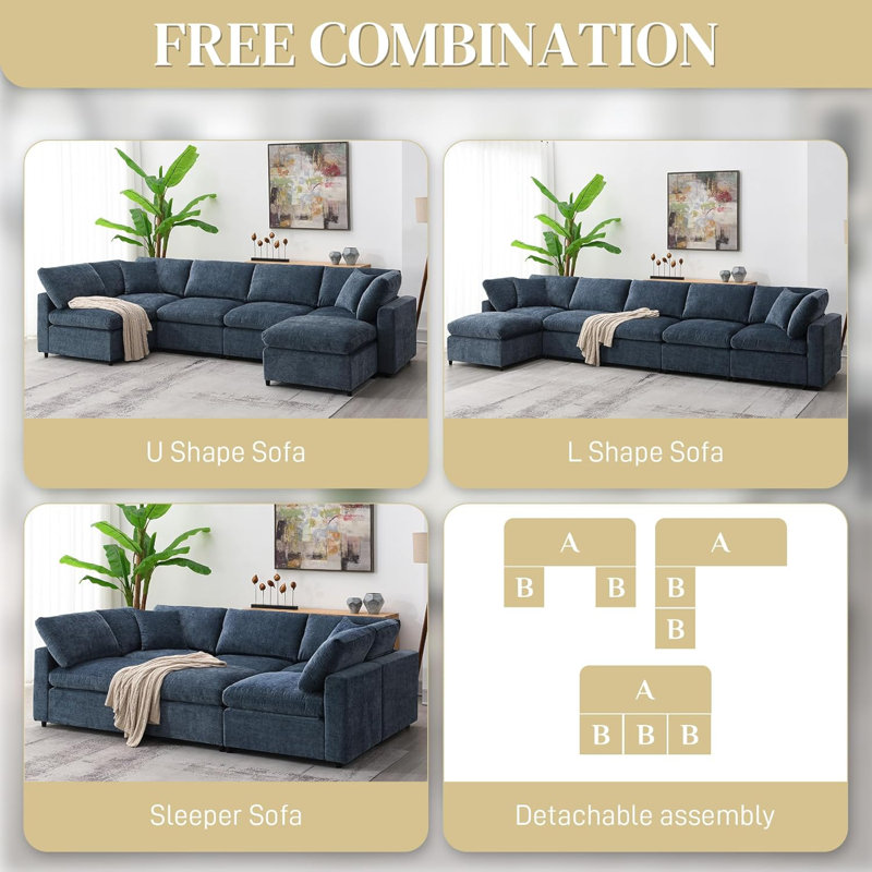 Latitude Run® 130" Modular Chenille Sectional Sofa Cloud Couches, Convertible Oversized Sectional Sleeper Sofa Bed