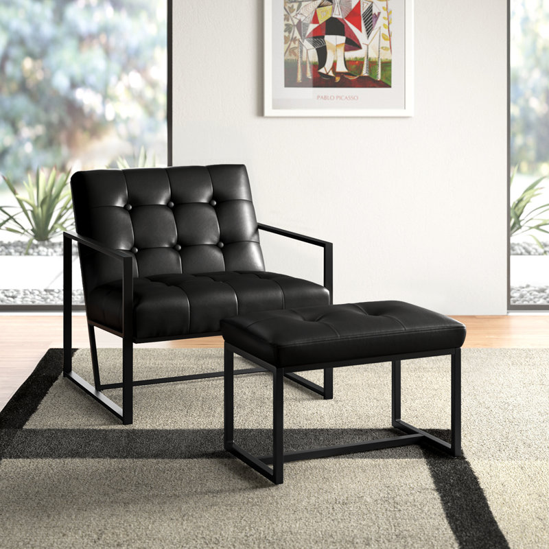 Fauteuil et repose-pieds en cuir Buren, Similicuir noir