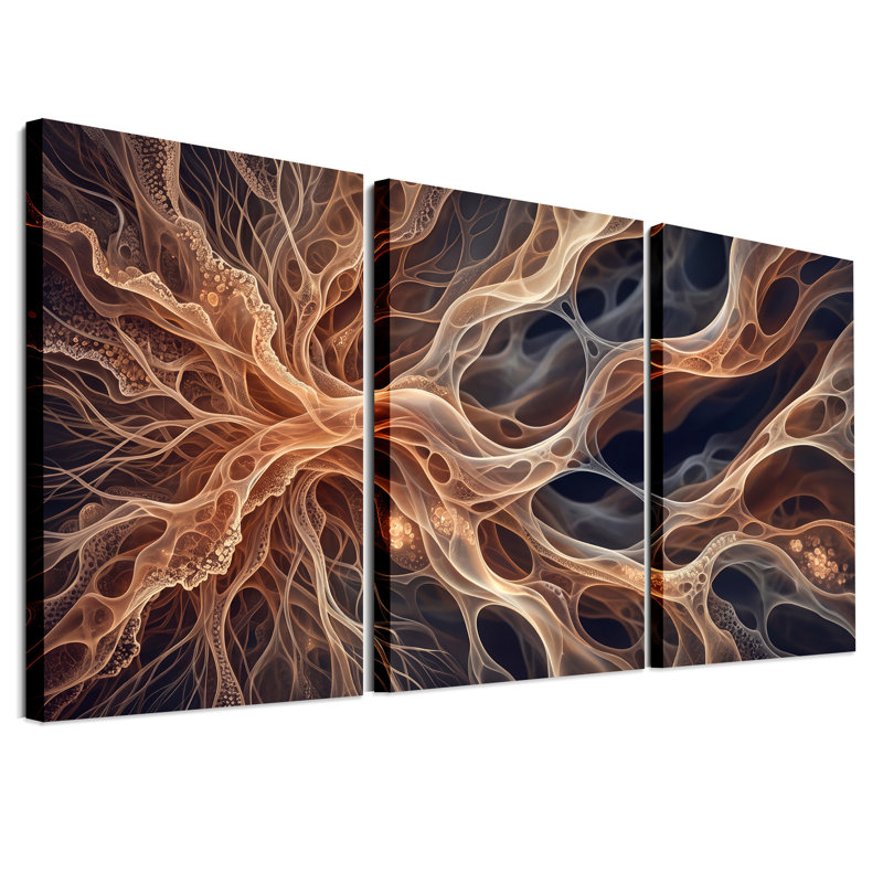 Ensemble de 3 toiles murales abstraites aux lignes fractales brun doré., 18"H x 12"W x 3pcs