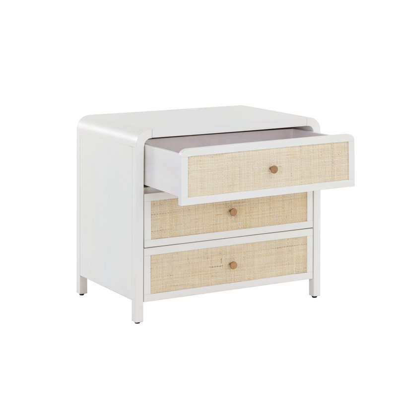 White and Rattan 3-Drawer Nightstand with Copper Hardware