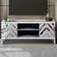 Meuble télé en miroir pour téléviseur de 65 pouces et plus, console de télévision avec rangement ouvert et 2 armoires de rangement, portes de miroir en forme de M pour le salon