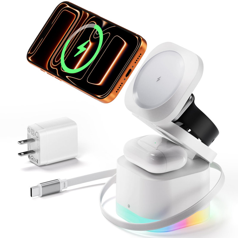 Chargeur magnétique pliable sans fil avec veilleuse Station de charge rapide 15W pour iPhone Câble rétractable AirPods Apple Watch