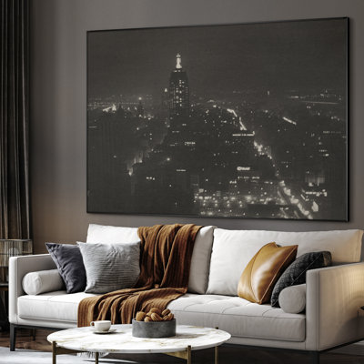 Extra Large Wall Art Fabric Print - Vintage Night Cityscape Black and White Urban Featuring Skyline Lights Artwork Decor for Living Room or Bedroom - "Frame Assembly Required (Unfinished Frame)"
