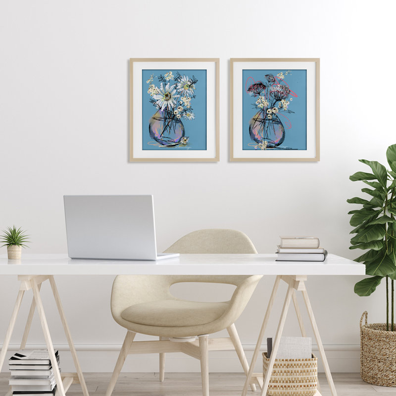 «Daisies & Snowberries Vase», ensemble de 2 impressions sous verre encadrées, design par Susan Lugar, H 16 po x l 13 po