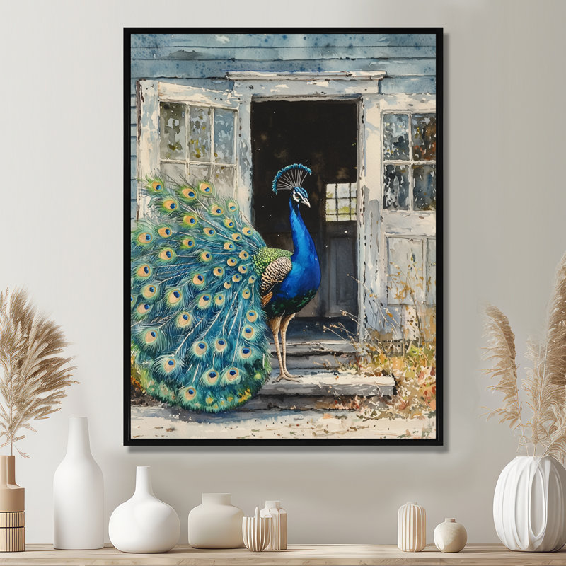 Hutzler Peacock at the Farm Garden VI - Art mural oiseau, H 20 po x l 12 po, Impression encadrée flottante, Noir