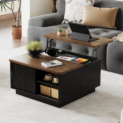 Lift Top Coffee Table, 31" Square Center Table With Sliding Door, Space-Saving Fluted Coffee Desk With Hidden Storage Compartment And Shelf, For Living Room, Home Office