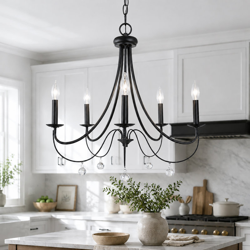 Lustre Empire moderne à 5 lumières noir de 62 cm de large, style bougie, avec accents de cristal, homologué UL