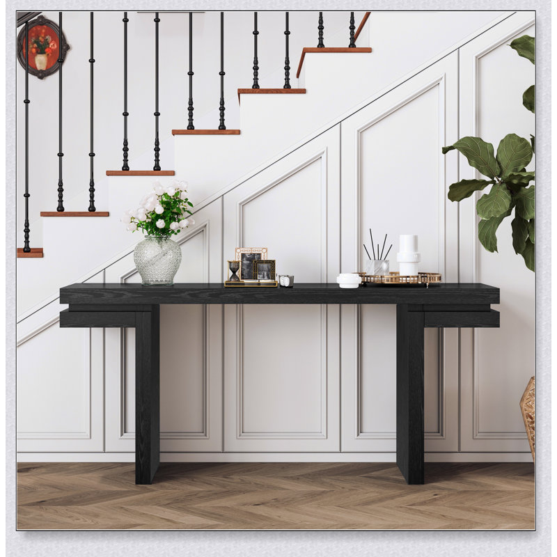 66-Inch Extra Wide Real Wood Veneered Console Table, Minimalist Sofa Table For Entryway And Living Room, Black
