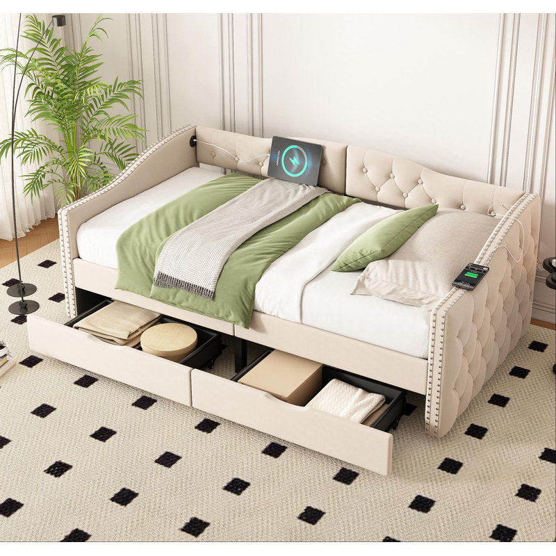 Lit de jour rembourré avec tiroirs de rangement, lit de jour simple en bois, aucun sommier nécessaire, beige, Beige