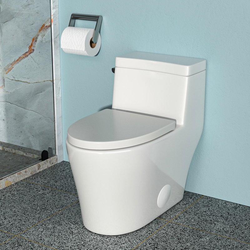Toilette en céramique blanche à une pièce - avec jupe, chasse d'eau Tornado, siège silencieux, pièce moderne d'espace, système de chasse d'eau, surface élevée