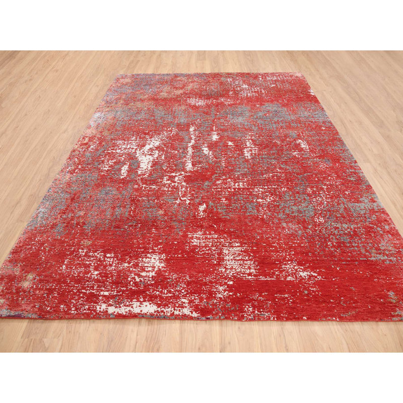 Tapis oriental noué à la main 8 pi x 10 pi rouge, moderne, tissé népalais, en laine et en soie à base de plantes BB0CA5B5C01C4D4B84506A17F90FF713