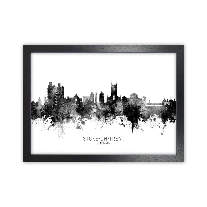 Stoke-on-Trent England Skyline Black White City Name by Michael Tompsett - Print, 25cm H x 34cm W x 3cm D, Black Framed