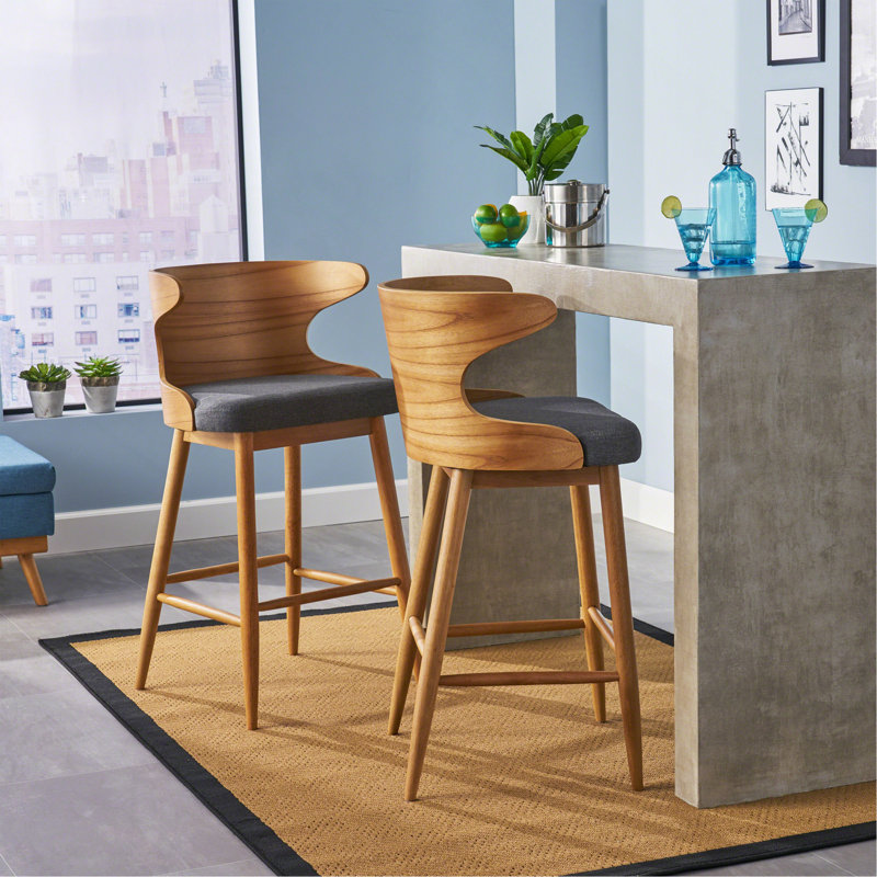 Chaise de bar élégante avec design Mid-Century et siège rembourré, Naturel, Polyester gris