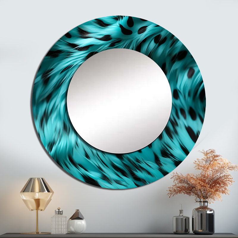 Turquoise et noir - miroir mural décoratif abstrait, grand miroir rond bleu, impression d'art en métal, 23 po x 23 po