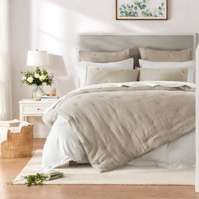 Ensembles de literie en gaze de coton de qualité supérieure, courtepointe double / grand brodée 3 pièces, taupe