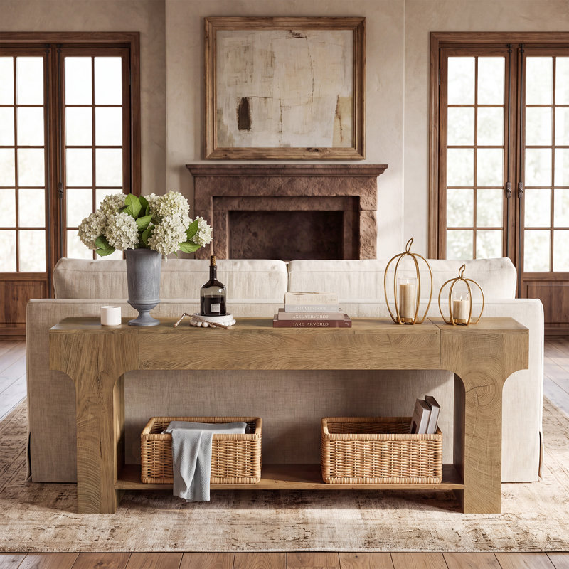 Console extra-longue de 200 cm avec tablette de rangement ouverte