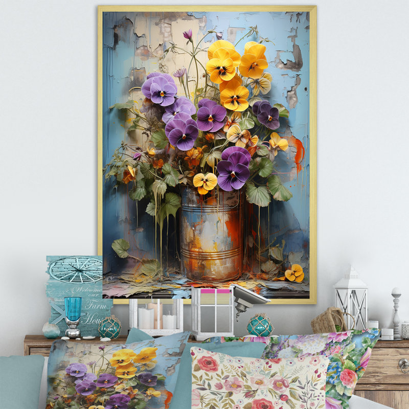 Vase Graffiti Urban Oasis Pansies, Cadre doré simple, H 20 po x l 12 po x P 1 po
