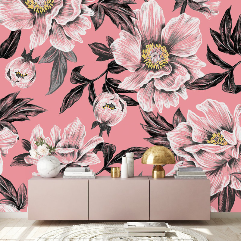 Papier peint rose avec de grandes fleurs, L 8,33 pi x l 125 po