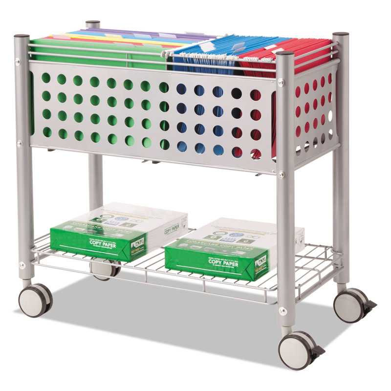 Matte Gray Steel Rolling File Cart with Shelf and Casters