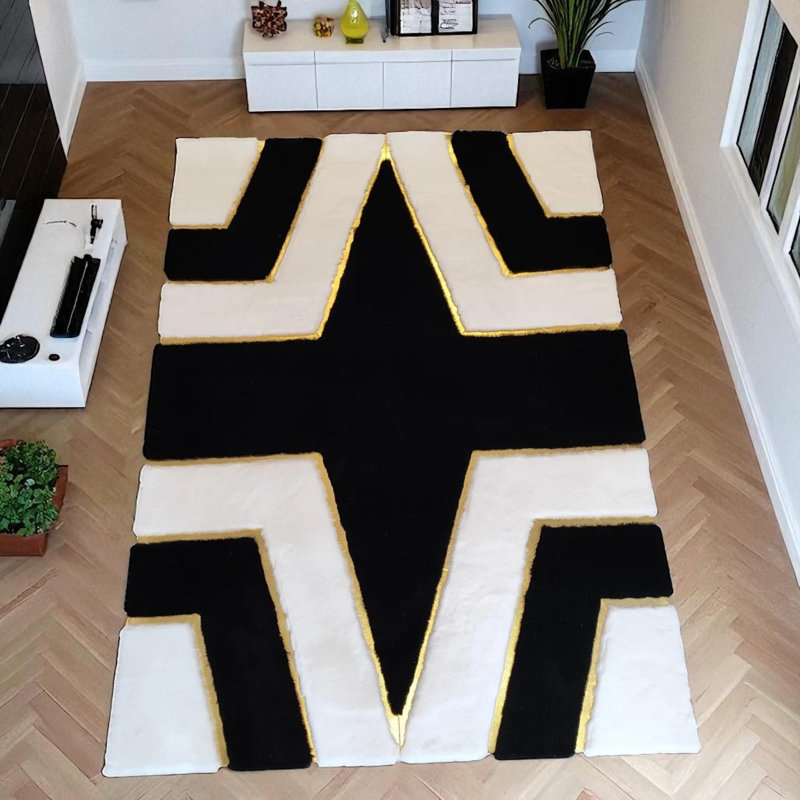 Tapis noir et blanc moelleux avec un contraste audacieux, un tapis moelleux de taille personnalisée_8,83 po x 12 pi