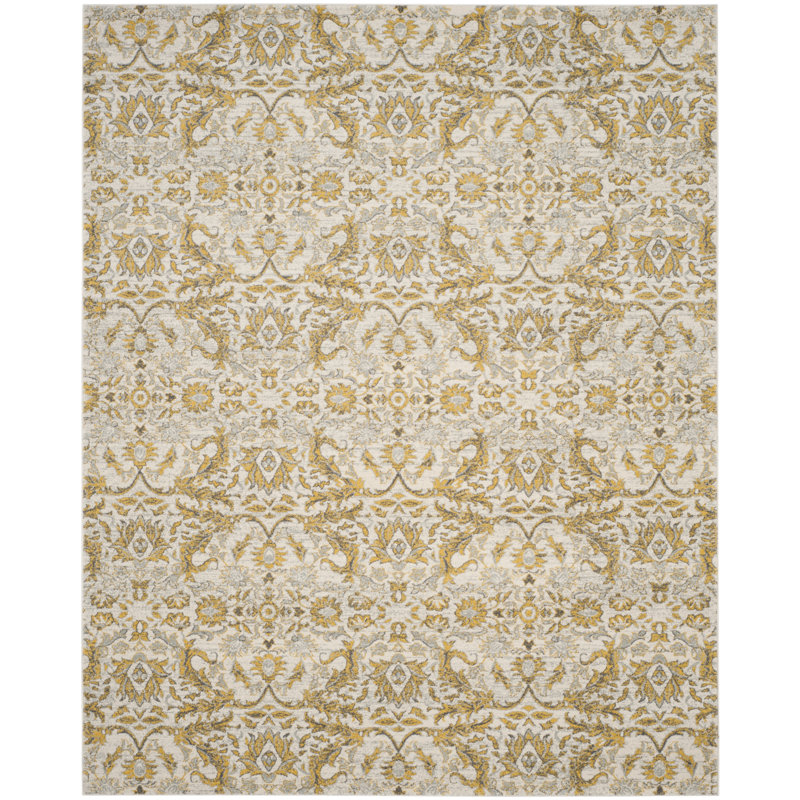 Adie Damask Ivory/Gold Area Rug, Rectangle 9' x 12'