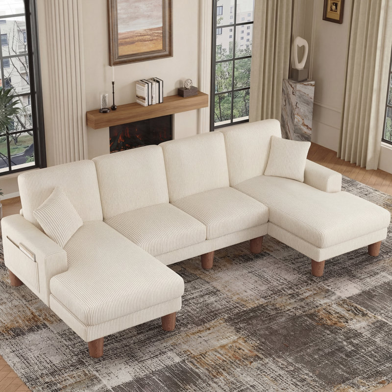 Modern Oversize 269cm 4-Seater Corduroy U-Shaped Sofa and Chaise With Solid Wood Legs, Beige