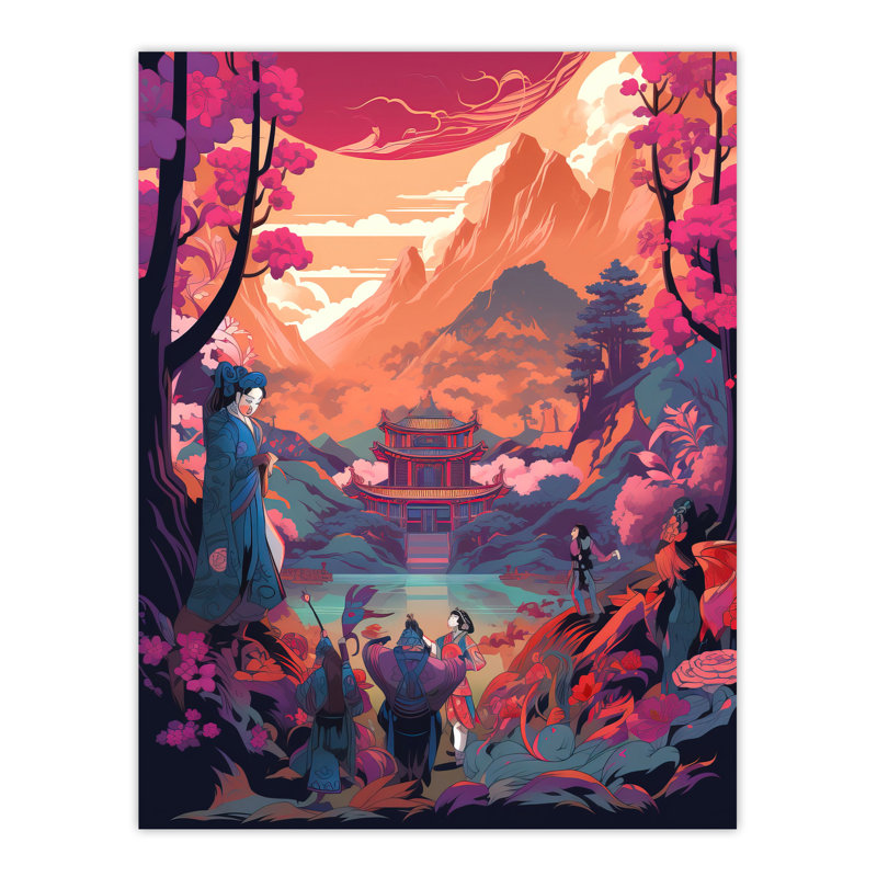 Wall Art Print Traditional Kabuki Theatre Performance Scene Painting Vivid Orange Temple in Dramatic Japan Mountain Lake Landscape Poster