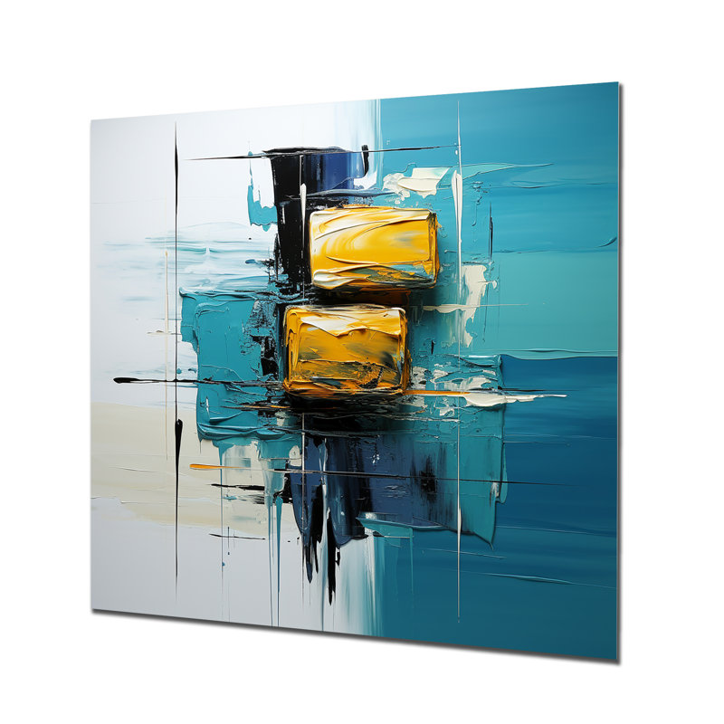 «Ebullient pensé jaune moutarde sur fond bleu», art mural abstrait, Métal métal, H 36 po x l 36 po
