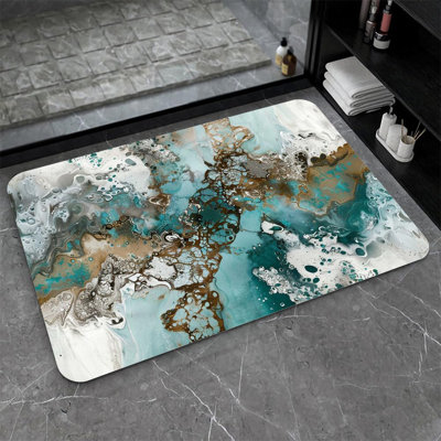Tapis de salle de bain en terre de diatomées, sarcelle et marbre gris antidérapant à séchage rapide, super absorbant, écologique, facile à nettoyer pour la salle de bain Tapis de porte de cuisine 16 x 24 pouces (40 x 60 cm)