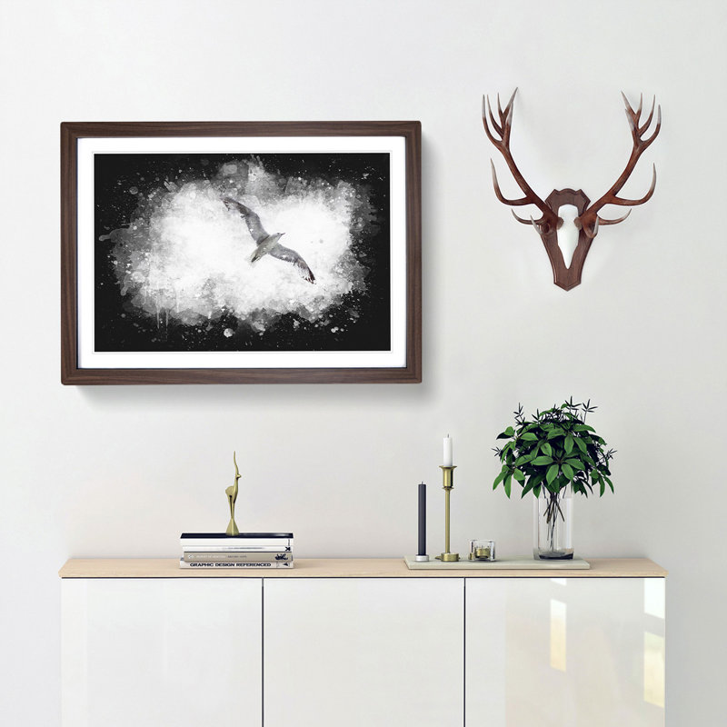 Flying Seagull - Picture Frame Graphic Art Print, 33cm H x 45cm W x 2cm D, Walnut Framed