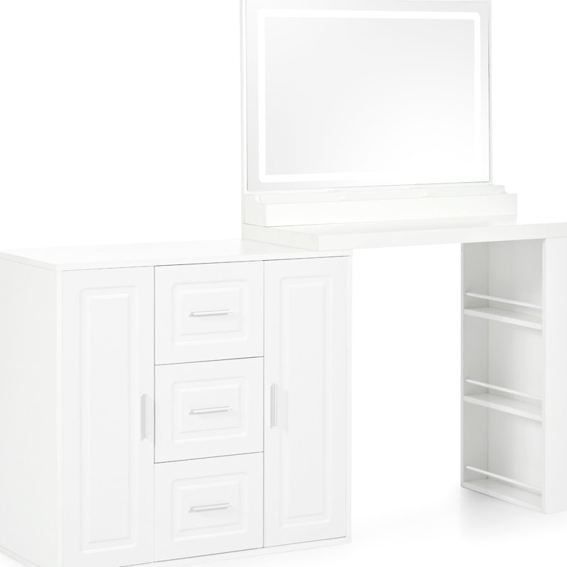 Bureau de meuble-lavabo avec 3 lumières colorées, miroir de 59 po, tiroirs blancs, 2 armoires, bureau de maquillage pour espace de chambre organisé, tiroirs à miroir et look élégant
