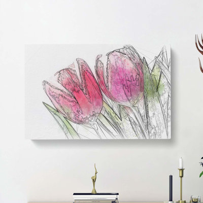Pair of Pink Tulip Flowers in Abstract - Wrapped Canvas Drawing - Wrapped Canvas