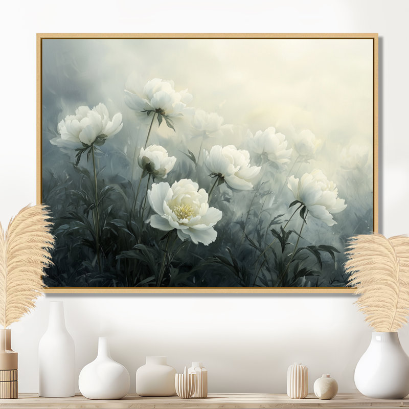 Iryana pivoines dans la brume de prairie - pivoines, art mural, Impression encadrée flottante, Crème, crème