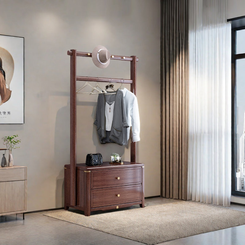 Elegant Solid Wood Coat Rack with Storage, Reddish Brown