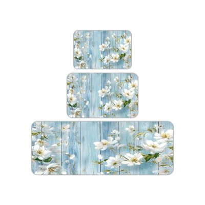 Tapis de cuisine rustique blanc floral 3 pièces pour la cuisine, maison de campagne, bleu clair