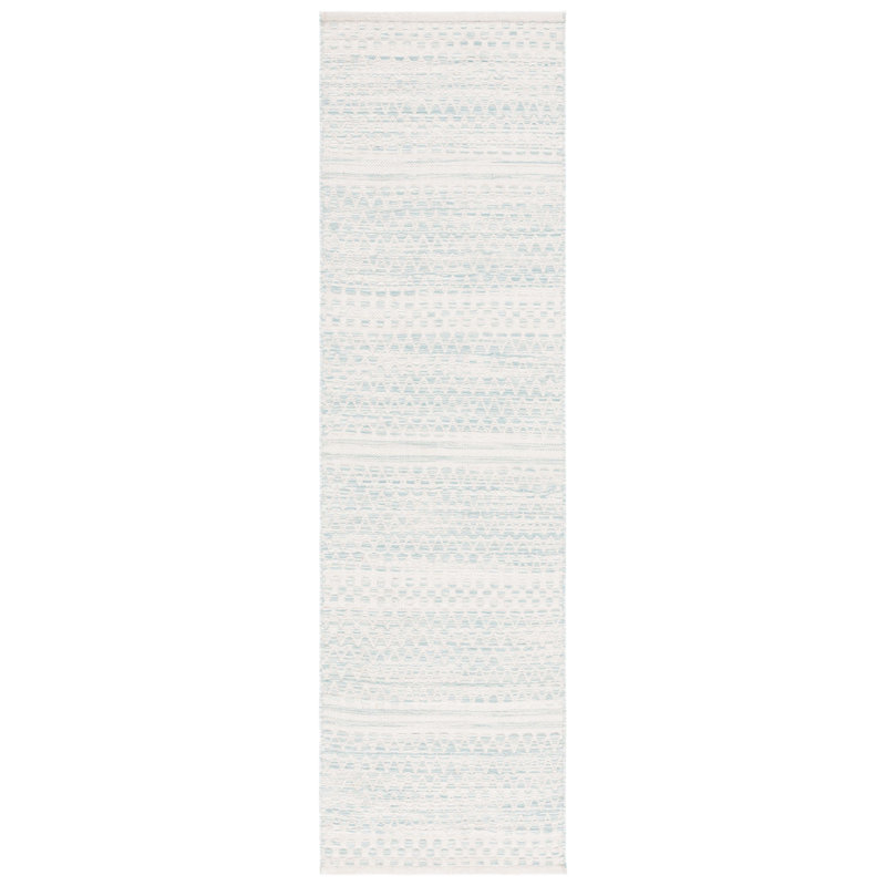 Kilim Hand Woven Wool/Cotton Geometric Rug in Ivory/Light Blue, Runner 2'3" x 8'