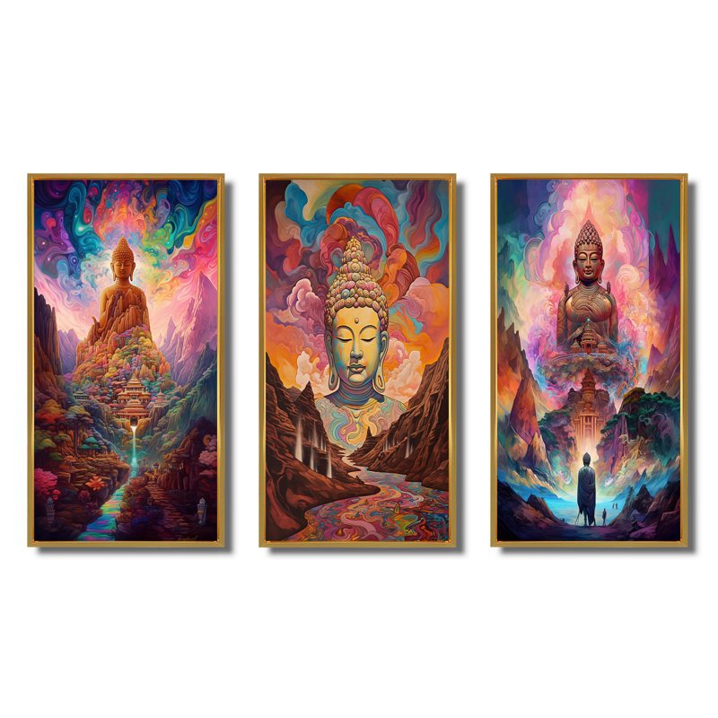 "Bouddha psychédélique dans les montagnes VI", 3 pièces sur toile, Cadre flottant doré, H 60 po x l 40 po