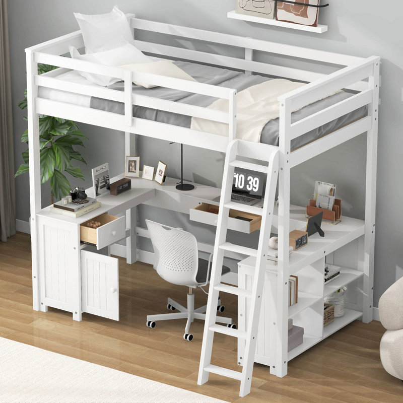 Lit mezzanine avec bureau en U, tiroirs et tablettes de rangement, Lit double, Blanc