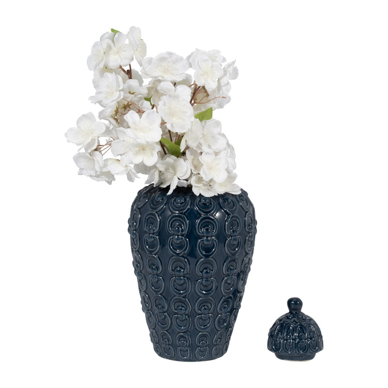 Blue Ceramic Chain-Textured Decorative Jar with Lid – 12"