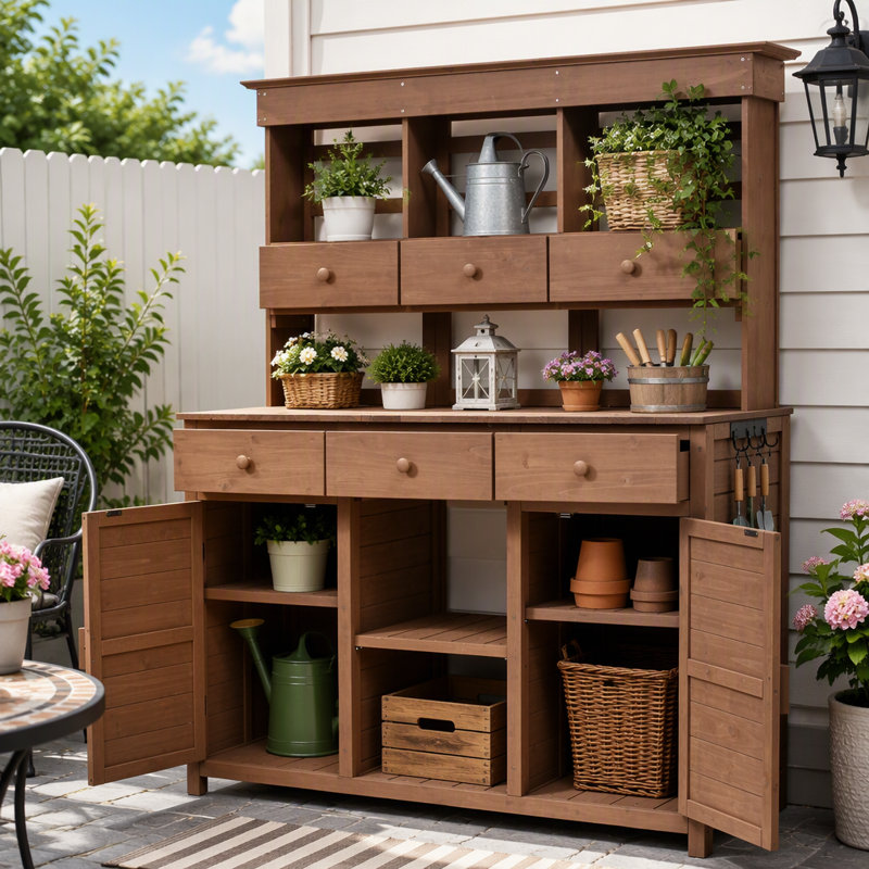 Banc de jardinage haut de 65,7 po avec 6 tiroirs et 3 tablettes, Brun