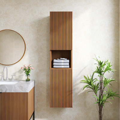 59" Tall Bathroom Wall Mounted Cabinet, Narrow Storage Cabinet With Doors And Shelves, Suitable For Small Spaces,Brown Oak Woodgrain Color