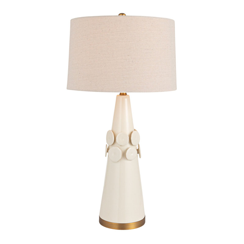 Lampe de table conique Adeline en grès avec glacis craquelé crème et abat-jour en lin naturel