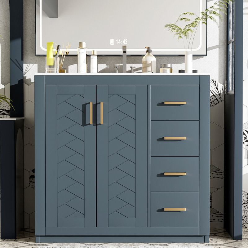 Meuble-lavabo simple 36 po avec comptoir en céramique 36 po, Bleu, Doré