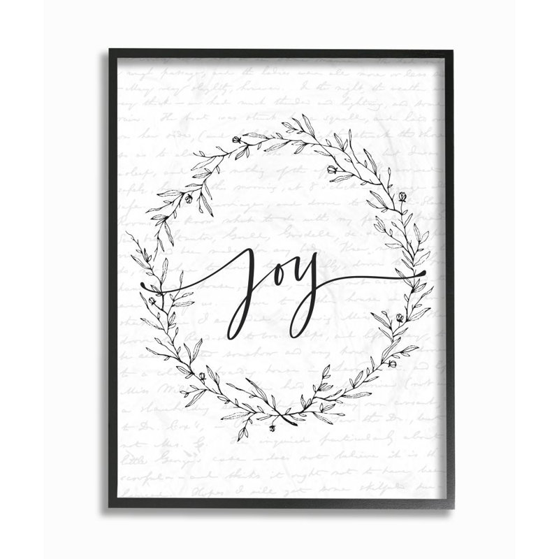 Joy Leaves Wreath - reproduction d'art textuel, H 30 po x l 24 po, Giclée encadrée noir minuit