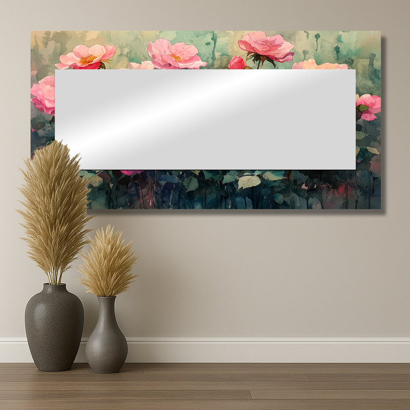 Paysage champêtre symphonie de roses - miroir mural floral - imprimé sur métal, 28 po x 55 po