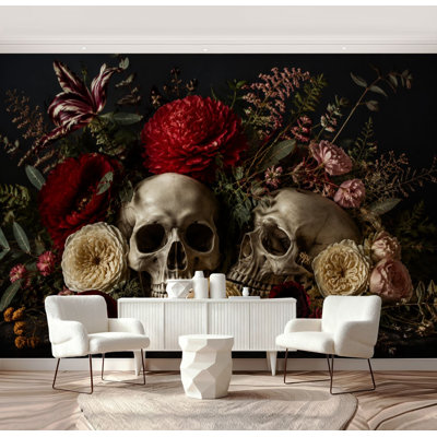 Peel and Stick Wallpaper Vintage Skulls Floral Dark Vibrant Antique Wall Murals 69"H x 96"W Removable PVC Wall Paper Self-Adhesive Wall Decor for Bedroom Living Room Home Office