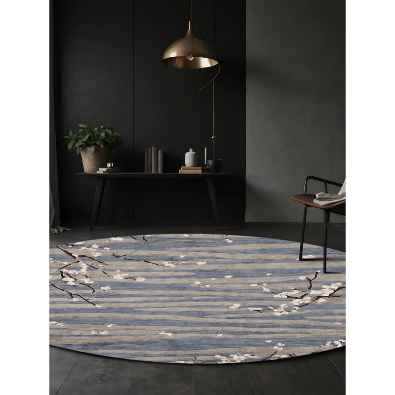 Tapis bleu soyeux et moelleux, Rond 8 pi