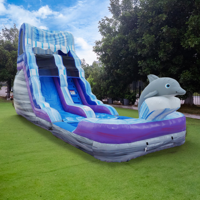 Toboggan aquatique gonflable HeroKiddo Dauphin de 4,9 m avec pataugeoire amovible, pour 2 enfants, avec souffleur d'air.